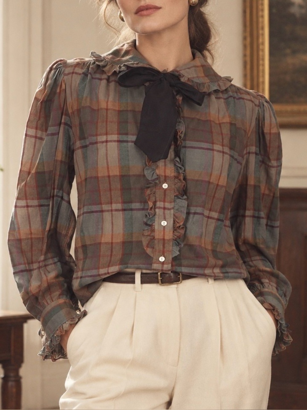 VTG Ralph Lauren Button Up Shirt Plaid Victorian Blouse Bow Tie 80s 90s Country - Picture 3 of 9